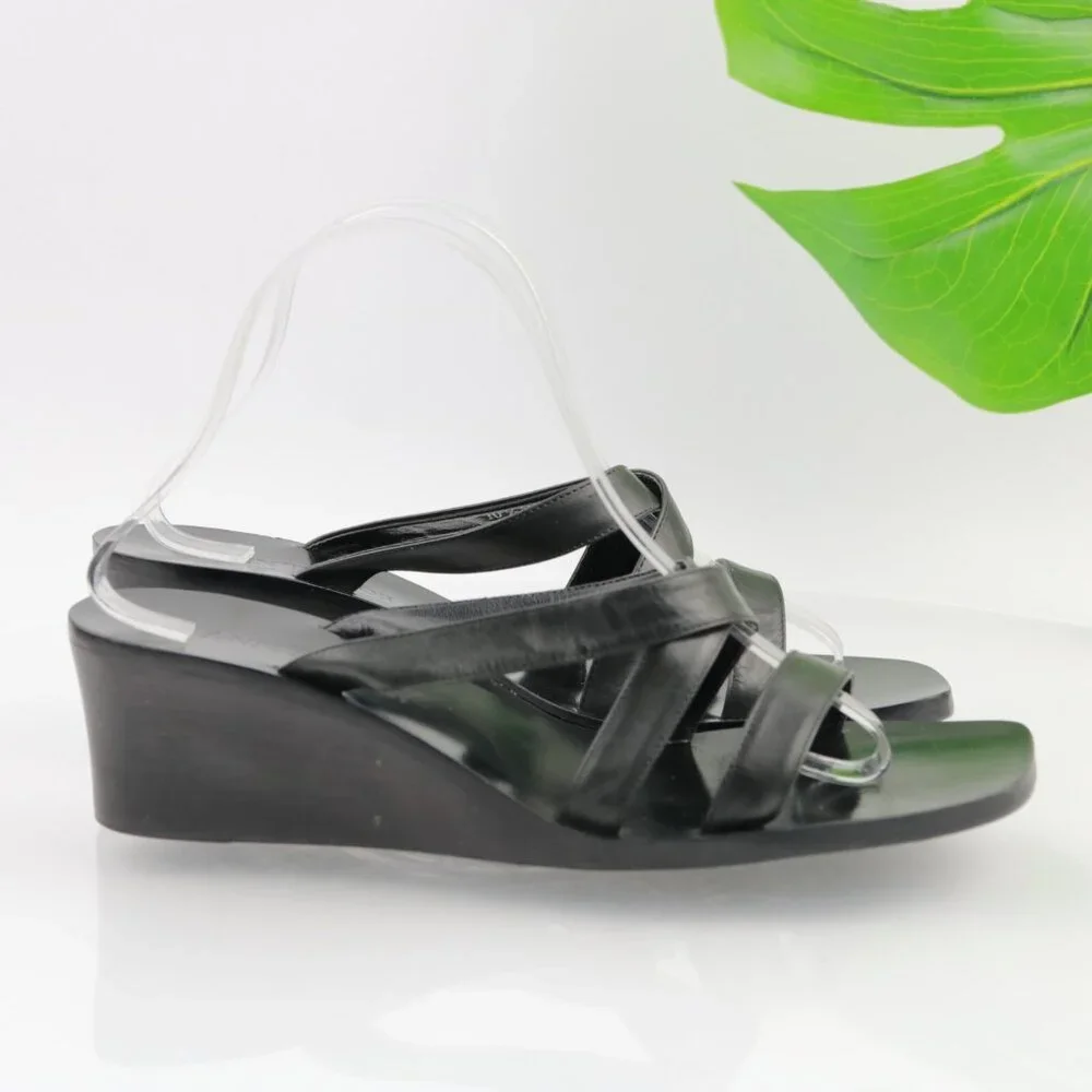Ann Taylor Womens Sandals Size 10.5 Black Leather Strappy Slide Mule Wedge Heels